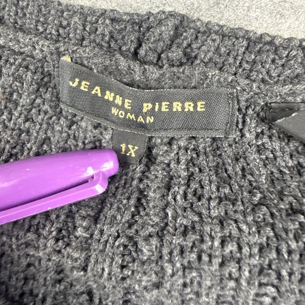Jeanne Pierre Woman 1X Charcoal Grey Cable Knit 100% Cotton Sweater Side Slit